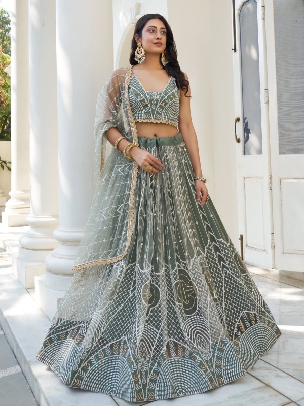 Dusty Green Butterfly Net Lehenga Choli